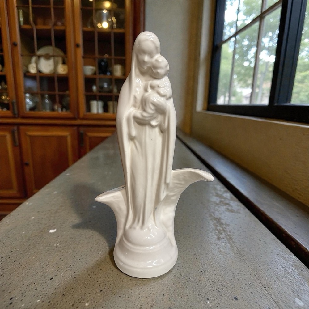 Elegant White Ceramic Madona and Child Ceramic Planter
